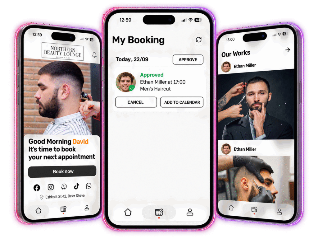 Uptor mobile booking app showing online booking, appointment approval and salon portfolio